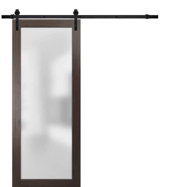 28 in. x 80 in. 1 Panel Frosted Glass Chocolate Ash Solid Wood Sliding Barn Door with Hardware Kit