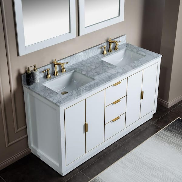 Venice 61 in. W x 22 in. D x 38 in. H Bath Vanity in White with Marble Vanity Top in Carrara White with White Basin