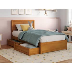 Lylah Light Toffee Natural Bronze Solid Wood Frame Twin Platform Bed with Panel Footboard and Storage Drawers