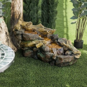 19 in. Tall Indoor/Outdoor River Rock and Log Fountain with LED Lights