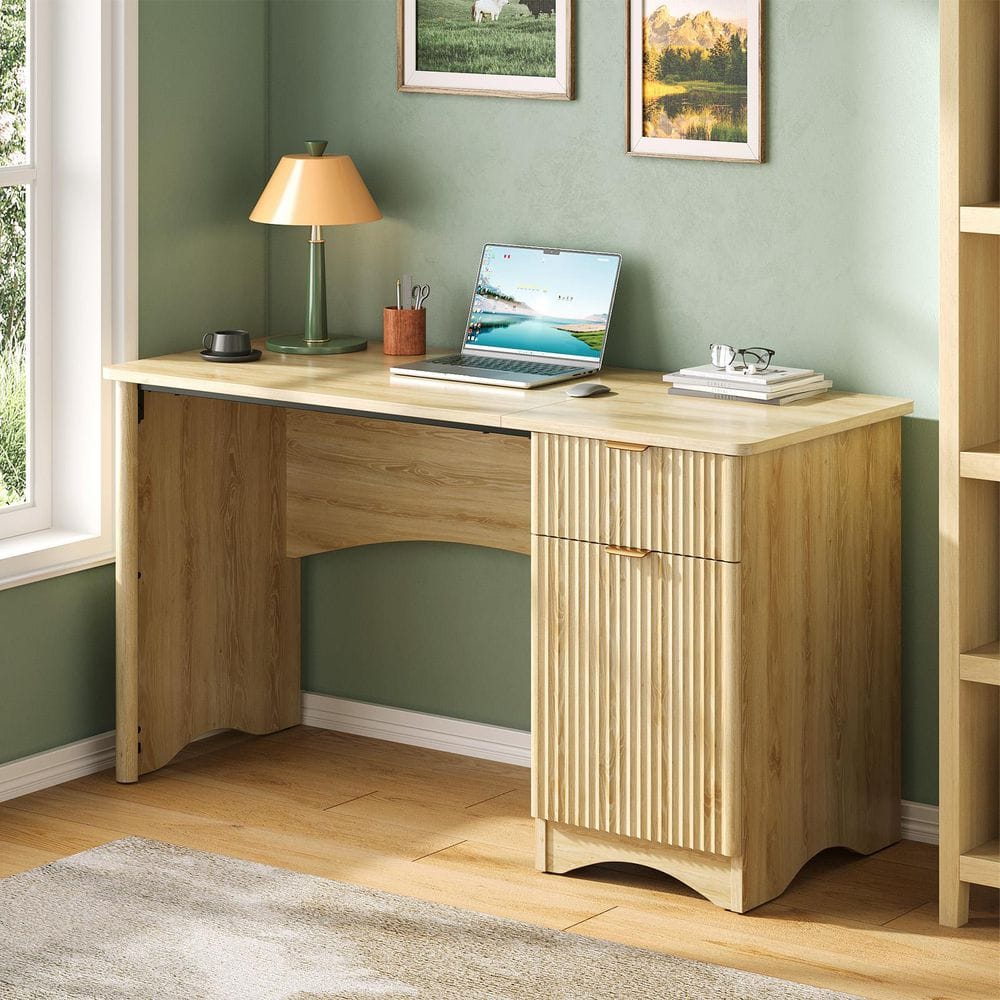 47 in. Black Oak Fluted Writing Desk with Drawer and Storage Cabinet for Home Office price history on PriceWatchPro