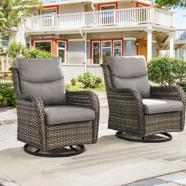 moosprr Gray Swivel Glider Wicker Outdoor Rocking Chair with Gray Cushions (2-Pack)