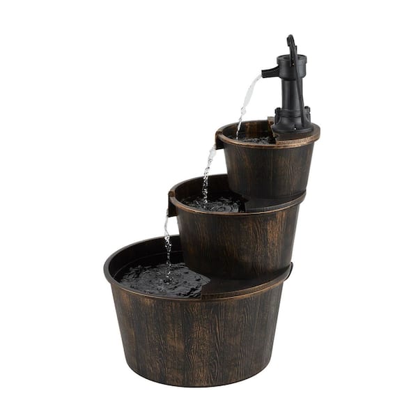 40 in. Tall Outdoor 3-Tier Rustic Barrel Pump Waterfall Fountain, Brown