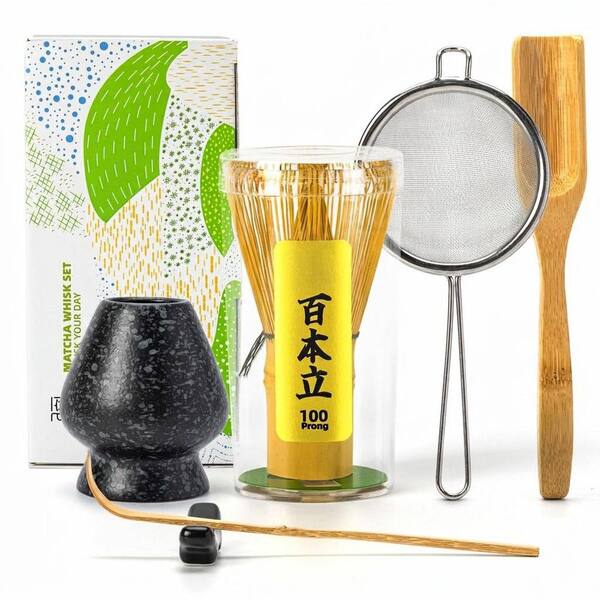 Bamboo Matcha Whisk Set 6 pcs Traditional Tea Ceremony Kit with Holder Scoop Spoon Sifter Spoon Holder, Black
