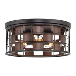 Vermont 16.5 in. 60-Watt 3-Light Black Modern Flush Mount with Walnut Shade