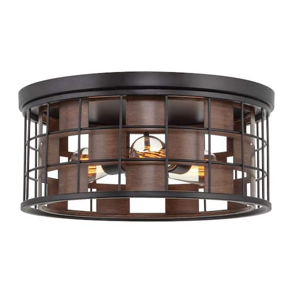 Kira Home Vermont 16.5 in. 60-Watt 3-Light Black Modern Flush Mount with Walnut Shade