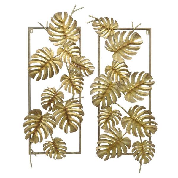 THREE HANDS Gold Metal Tropical Leaves Wall Decor (Set of 2)