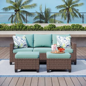 Brown Rattan Wicker 5 Seat 3-Piece Steel Outdoor Patio Conversation Set with Blue Cushions and 2 Ottomans