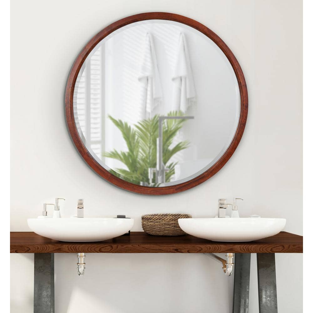 Walnut Brown Round Wood Bathroom Vanity Mirror