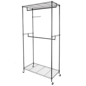 35 in. x 71 in. Black Carbon Steel Coating Garment Rack Hanger with Double Rods and Shelves