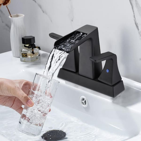 Unbranded 2-Handle 4 in. Centerset Waterfall Bathroom Sink Brass Faucet, Adjustable Water Volume and Temperature in Matte Black