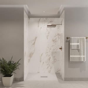 48 in. L x 34 in. W x 84 in. H Solid Composite Stone Shower Kit with Caramel Walls and Cntr White Sand Shower Pan Base