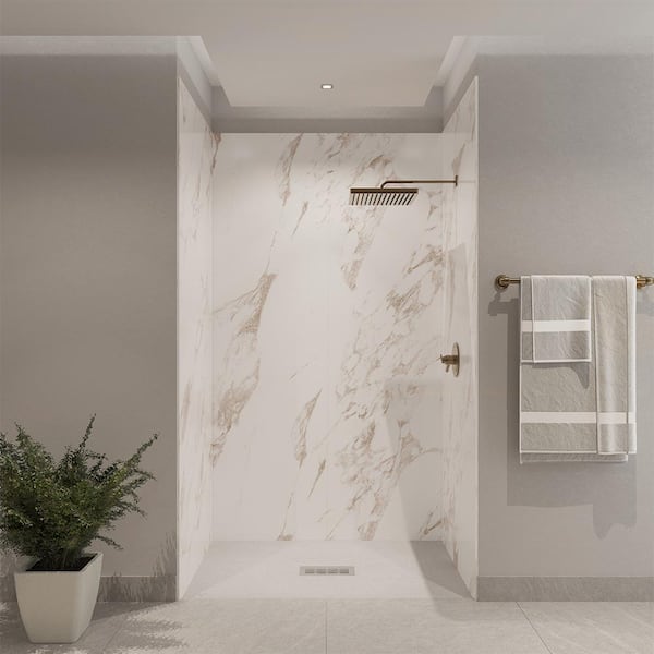 CASTICO 48 in. x 34 in. x 84 in. Solid Composite Stone Alcove Shower Kit - Caramel Shower Walls and Cntr WH Sand Shower Pan Base