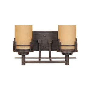 Mission Ridge 14.5 in. 2-Light Warm Mahogany Mediterranean Wall Sconce with Goldenrod Glass Shades