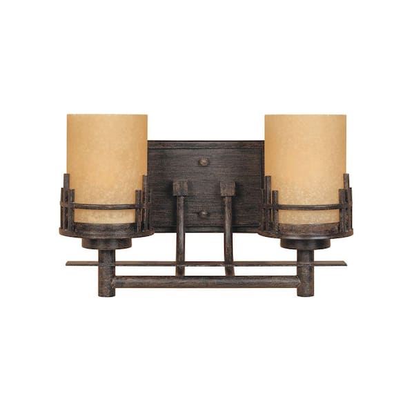 Designers Fountain Mission Ridge 14.5 in. 2-Light Warm Mahogany Mediterranean Wall Sconce with Goldenrod Glass Shades