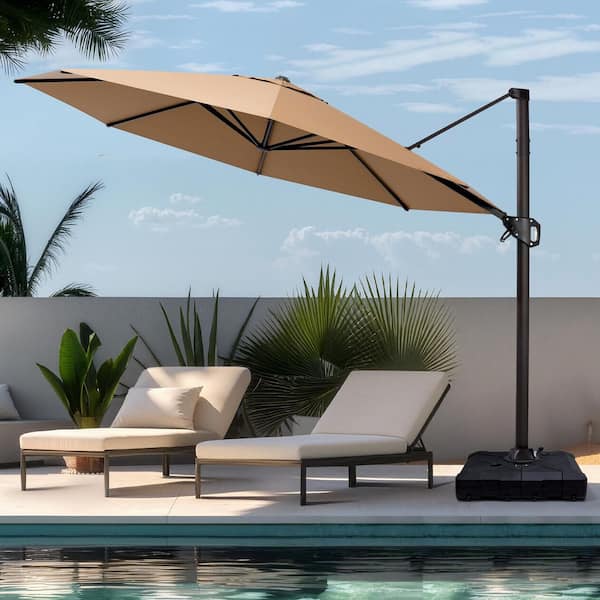 11 ft. Octagon Aluminium 360° Rotation Cantilever Tilt Outdoor Patio Umbrella in Tan With Wheeled Base