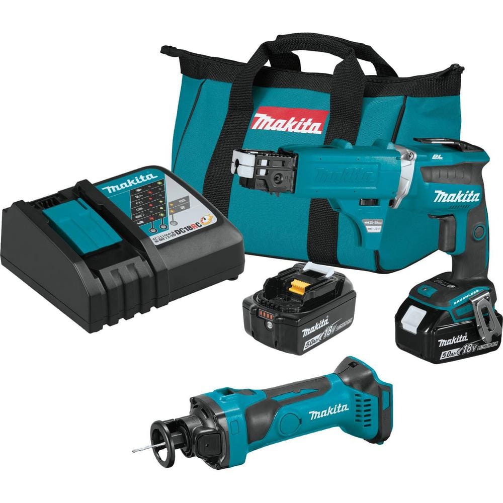Makita 18-Volt 5.0 Ah LXT Cordless Combo Kit with Autofeed Magazine  (Brushless Drywall Screwdriver/Cut-Out Tool) (2-Piece) XT255TX2 - The Home  Depot