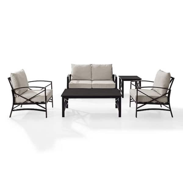 Crosley Kaplan 5-Piece Metal Outdoor Seating Set with Oatmeal Cushion - Loveseat, 2 Chairs, Coffee Table, Side Table
