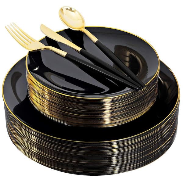 150-Piece Elegant Black and Gold Plastic Dinnerware Set (Service for 30)