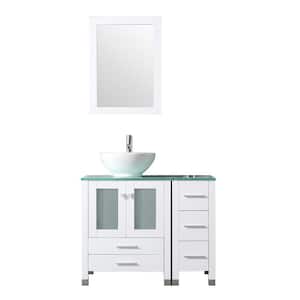 36.4 in. W x 21.7 in. D x 60 in. H Single Sink Bath Vanity in White with Glass Countertop and Round Sink and Mirror