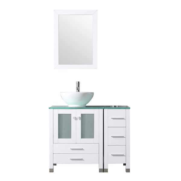 walsport 36.4 in. W x 21.7 in. D x 60 in. H Single Sink Bath Vanity in White with Glass Countertop and Round Bowl and Mirror