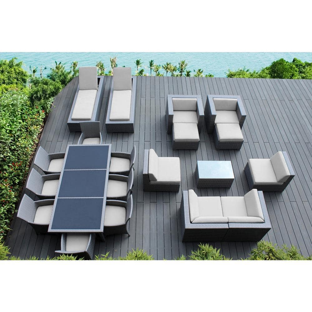 Gray 20-Piece Wicker Patio Combo Conversation Set with Sunbrella Natural Cushions