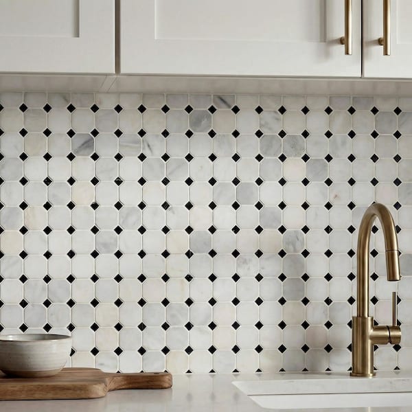 Greecian White 12x12x0.38 in. Honed Marble Octagon Mosaic White Marble and Black Accents Floor Tile (10 sq. ft./Case)