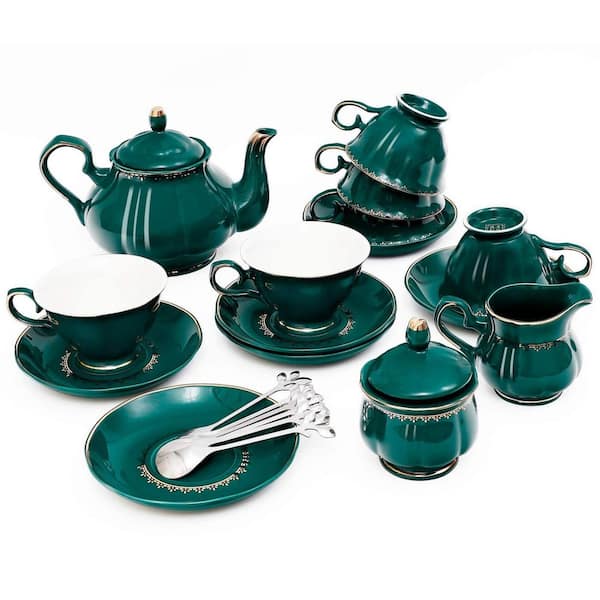 22-Piece Dark Green Porcelain Ceramic Tea Set with Teapot, Sugar Bowl, Creamer Pitcher and Teaspoons