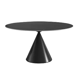 Modern Round Black Lauren Black Gold Stone Top 59.06 in. Black Titanium Stainless Steel Pedestal Dining Table (6 Seats)