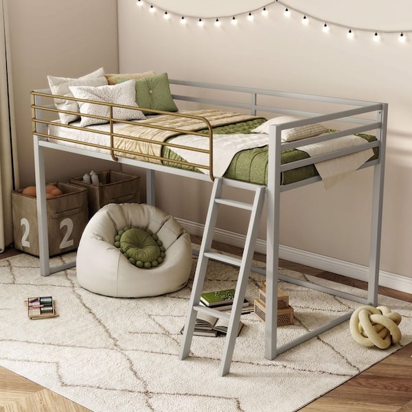 Roman Gray Twin Metal Low Profile Loft Bed with Gold Accent