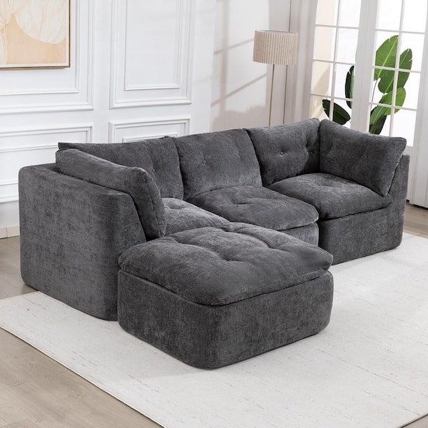 Fabian Modern Cloud Compressed Sofa 111.81 in. 4-Piece Chenille Modular Sectional Sofa in Dark Grey with Ottoman
