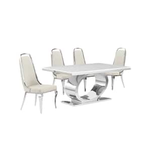 Ibraim 5-Piece Rectangle White Marble Top Stainless Steel Base Dining Set 4 Cream Velvet Chrome Iron Chair