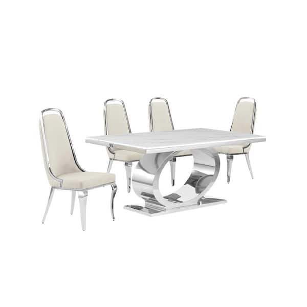 Best Quality Furniture Ibraim 5-Piece Rectangle White Marble Top Stainless Steel Base Dining Set 4 Cream Velvet Chrome Iron Chair