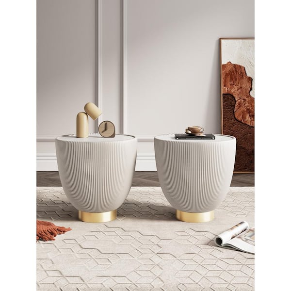 Anderson Modern 18.43 in. Cream Round Faux Marble Top Faux Leather Upholstered End Table (Set of 2)