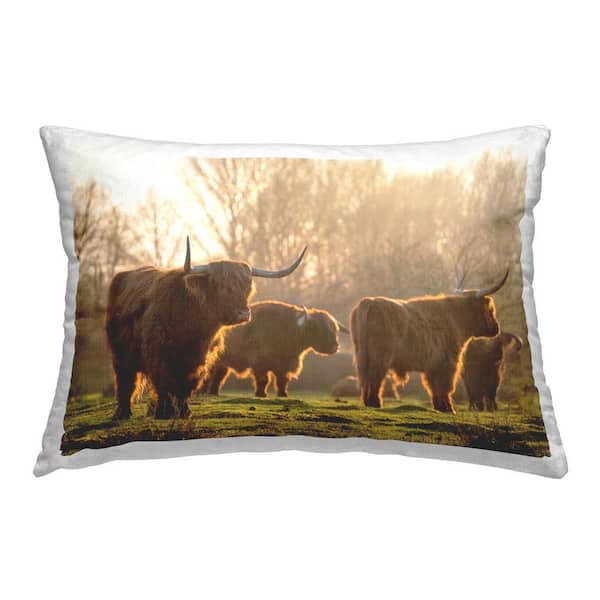 Stupell Industries Longhorn Herd Grazing Green Print Polyester 14 in. x 20 in. Throw Pillow
