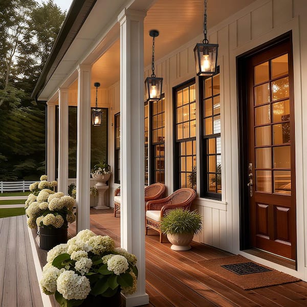 Modern Coastal Black 1-Light Lantern Outdoor Pendant Light with Seeded Glass shade Mini Hanging Pendant for Patio Porch