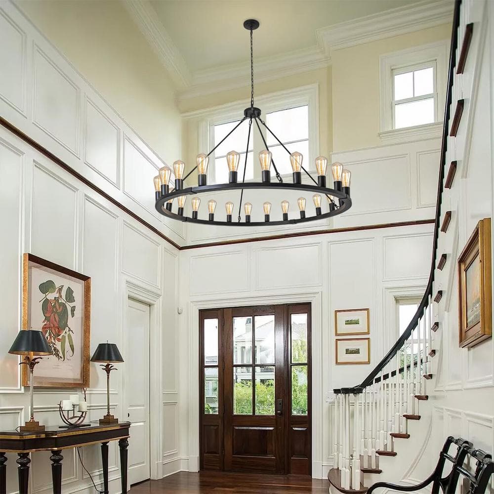 Extra Large Black Metal 24-Light Wagon Wheel Chandelier
