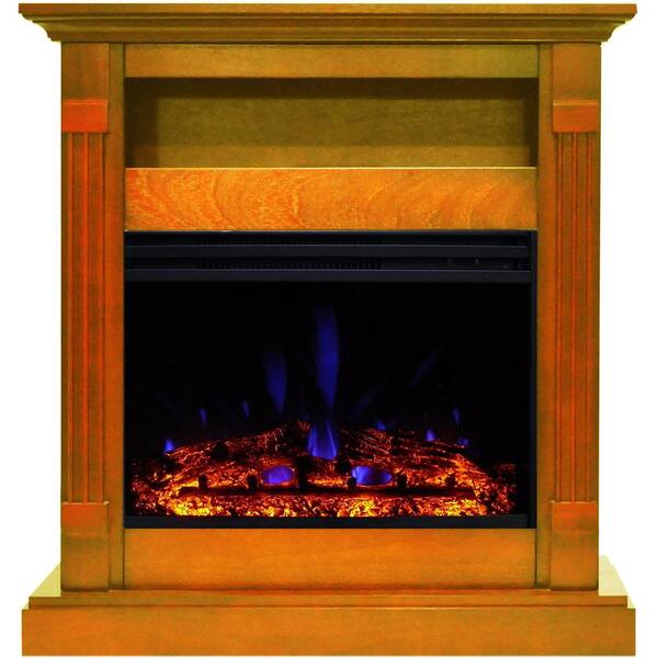 Cambridge Sienna 34 In Electric Fireplace Heater Teak With Mantel Enhanced Log Display And Remote Control Cam3437 1teklg3 The Home Depot - Portable Fireplace Heater Home Depot