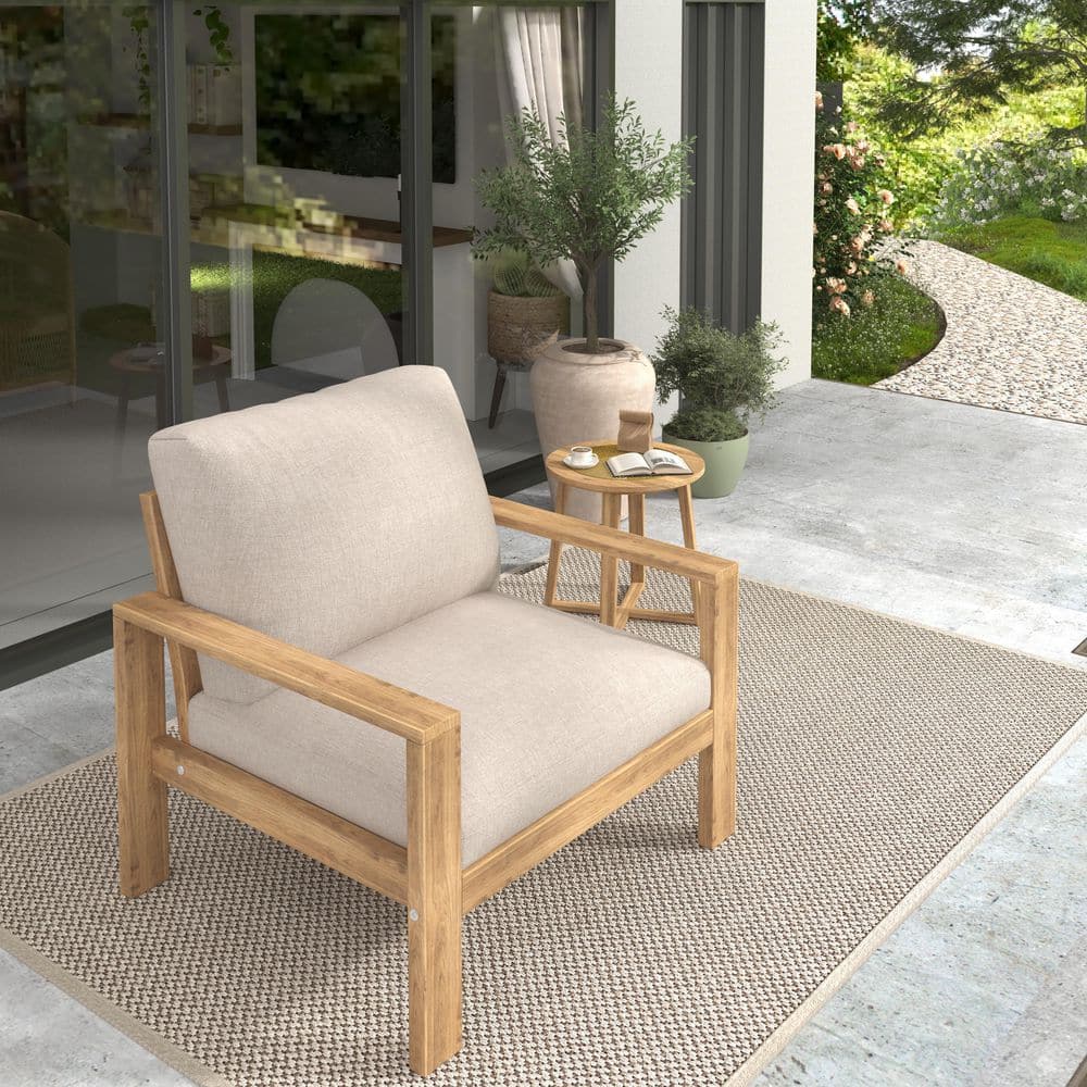 Monarch Outdoor Patio Solid Wood Lounge Chair with Light Grey Cushions, Natural