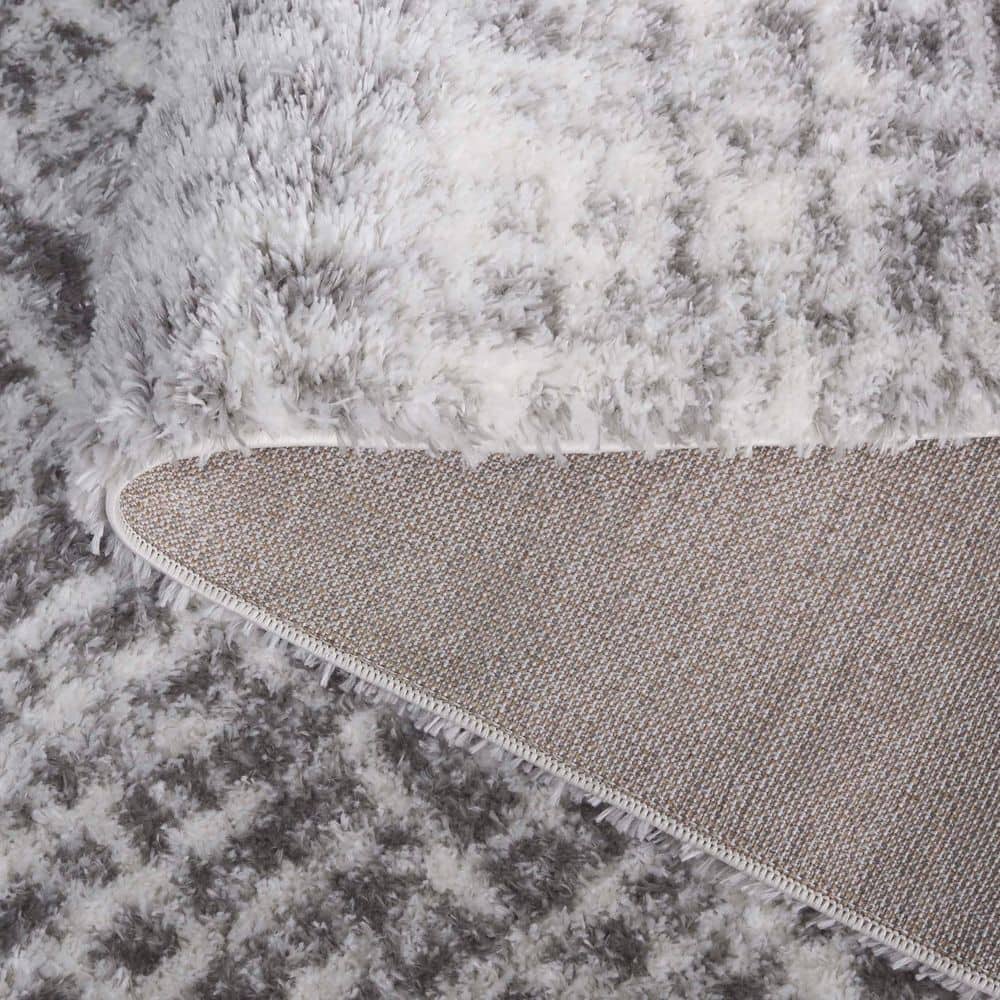 Ivory and Gray Synthetic Shag Runner Rug, 2' x 8'