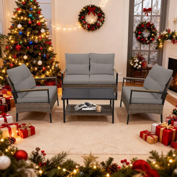 4-Piece Wicker Patio Furniture Set Rattan Outdoor Sofa Set, Loveseat and 2 Single Chair with Gray Cushion, Coffee Table