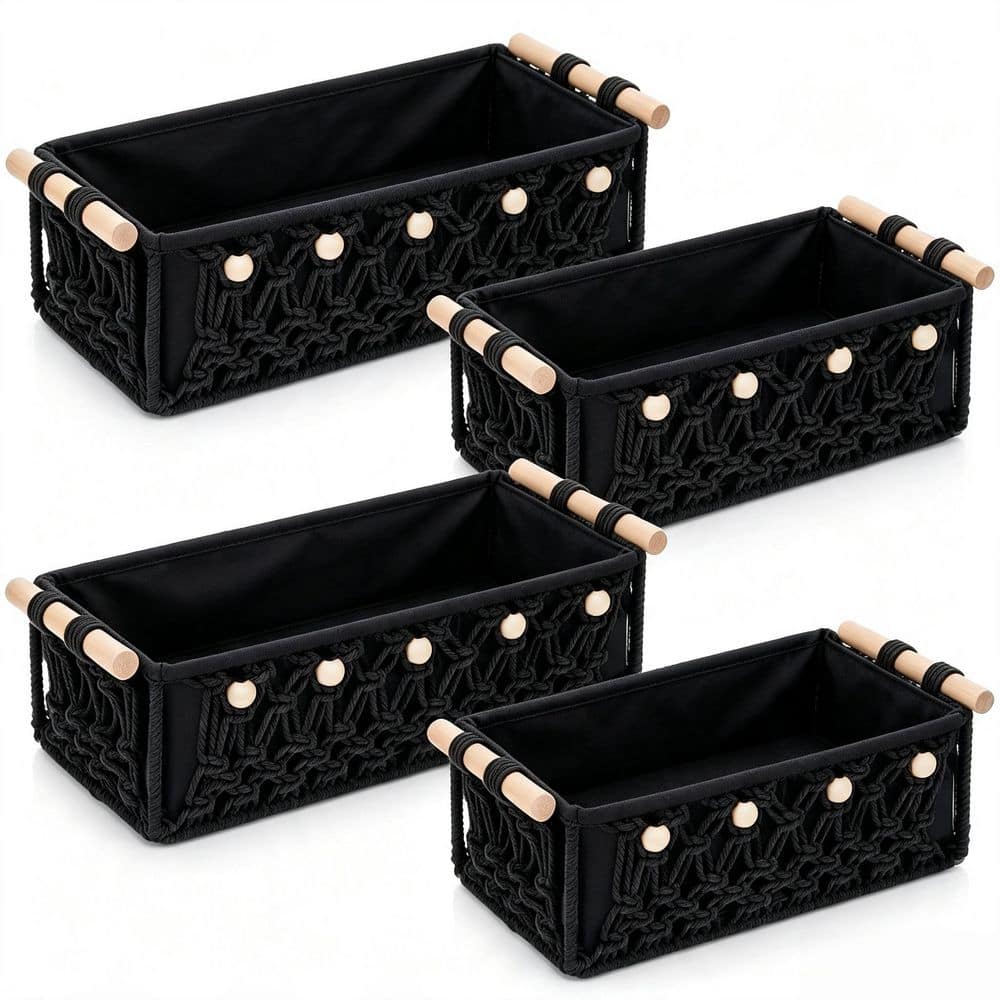 "Black 13"" x 4"" Cotton Decorative Basket Features a wooden handle and beaded embellishments. - Boho-Style (Set of 4)" price history on PriceWatchPro