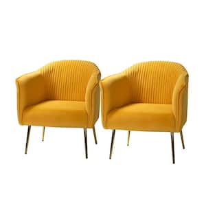 Auder Contemporary Mustard Velvet Accent Barrel Chair with Ruched Design and Golden Legs (Set of 2)
