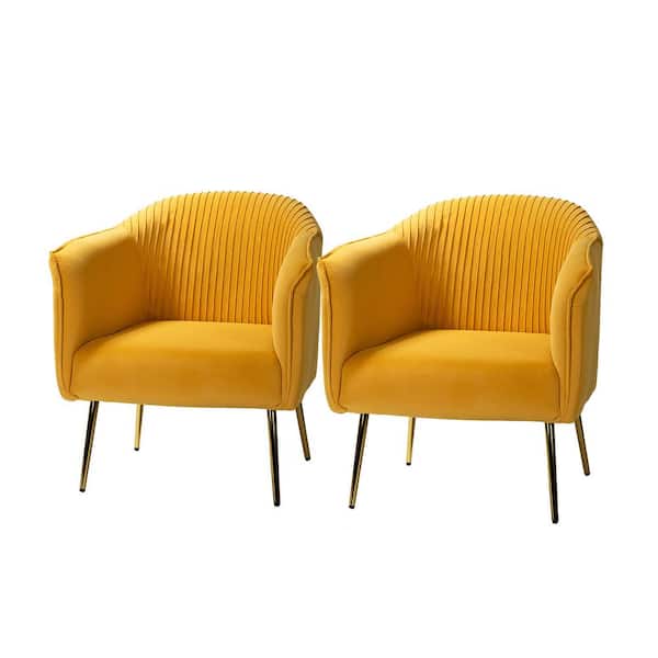 JAYDEN CREATION Auder Contemporary Mustard Velvet Accent Barrel Chair with Ruched Design and Golden Legs (Set of 2)