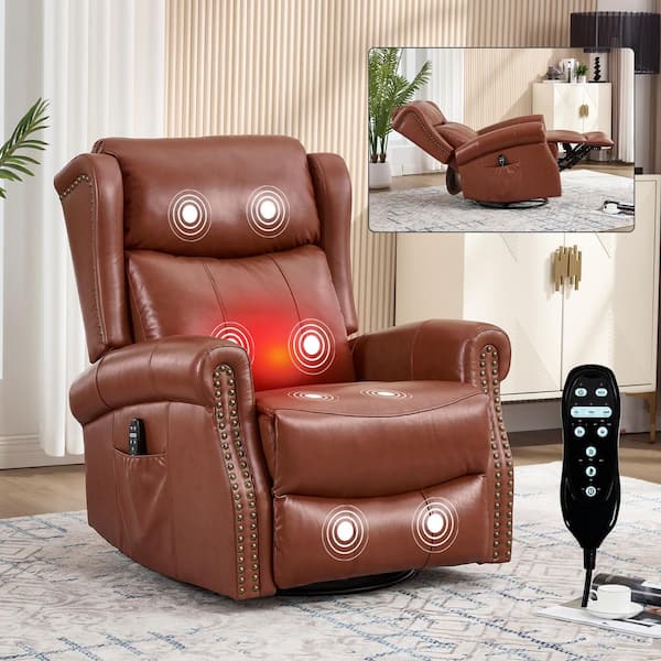 Chestnut Brown Genuine Leather Manual Swivel Glider Recliner Chair with Massage and Heat, Nailhead Trim, Side Pocket