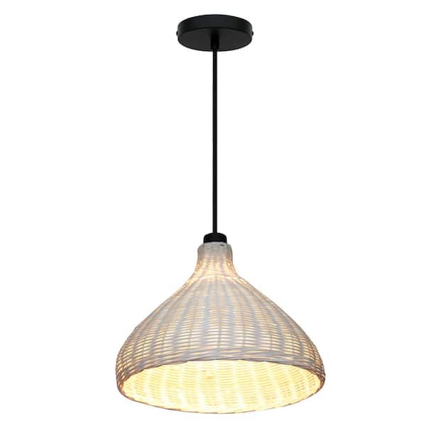 Bel Air Lighting Bernice 13.75 in. 1-Light Black Bohemian Rattan Hanging Kitchen Pendant Light with Bell Shade