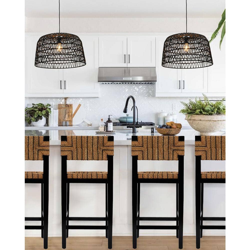 Farmhouse Black Woven Paper Rope LED Chandelier, 20.5"