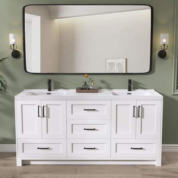 72 in. W x 22 in. D x 35.5 in. H Freestanding Bath Vanity White Solid Wood Cabinet with Double Sink Solid Surface Top