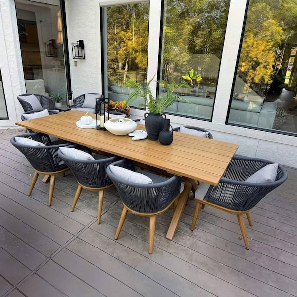 9-Piece Aluminum Frame Wicker Rectangle Outdoor Dining Set with Beige Cushions and Pillows, Teak