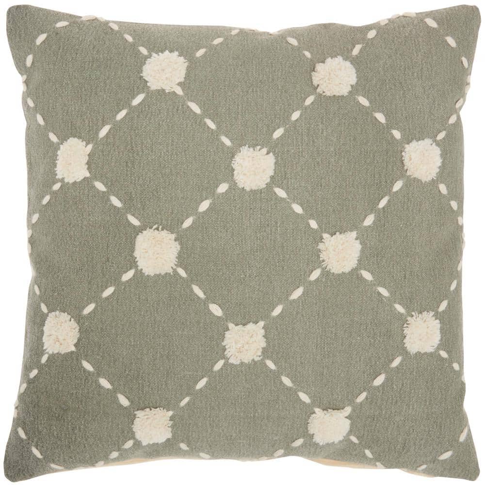 Sage Green Cotton Embroidered Square Throw Pillow 20" x 20"
